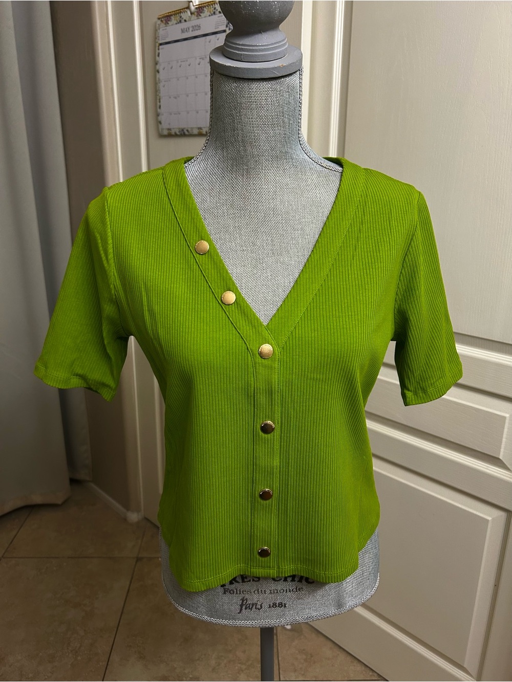 Michael Kors Lime Green Ribbed V-Neck Short Sleeve Top with Gold Buttons